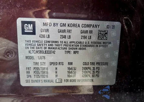 2020 Chevrolet Trax Ls z USA, uszkodzony, nr VIN KL7CJKSB5LB333742